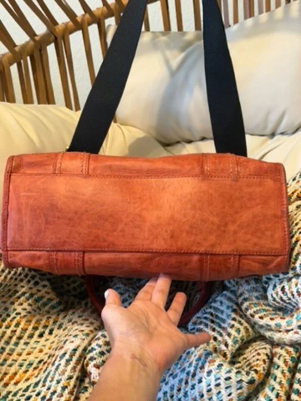 Frye Melissa Washed Leather Satchel Burnt Orange Boho Embroidered Strap EUC